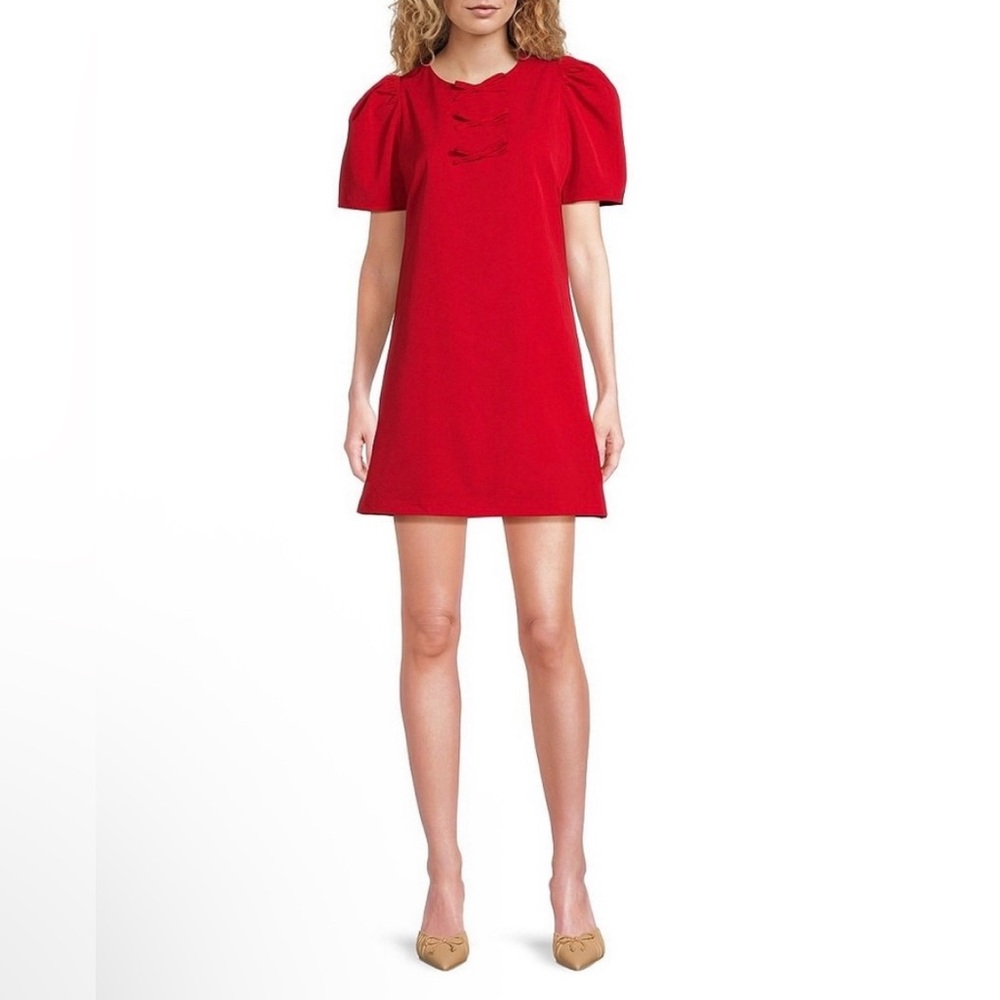 New Abbey Glass Marty Crew Neck Short Puff Sleeve Bow Mini Shift Dress Small - Picture 3 of 11